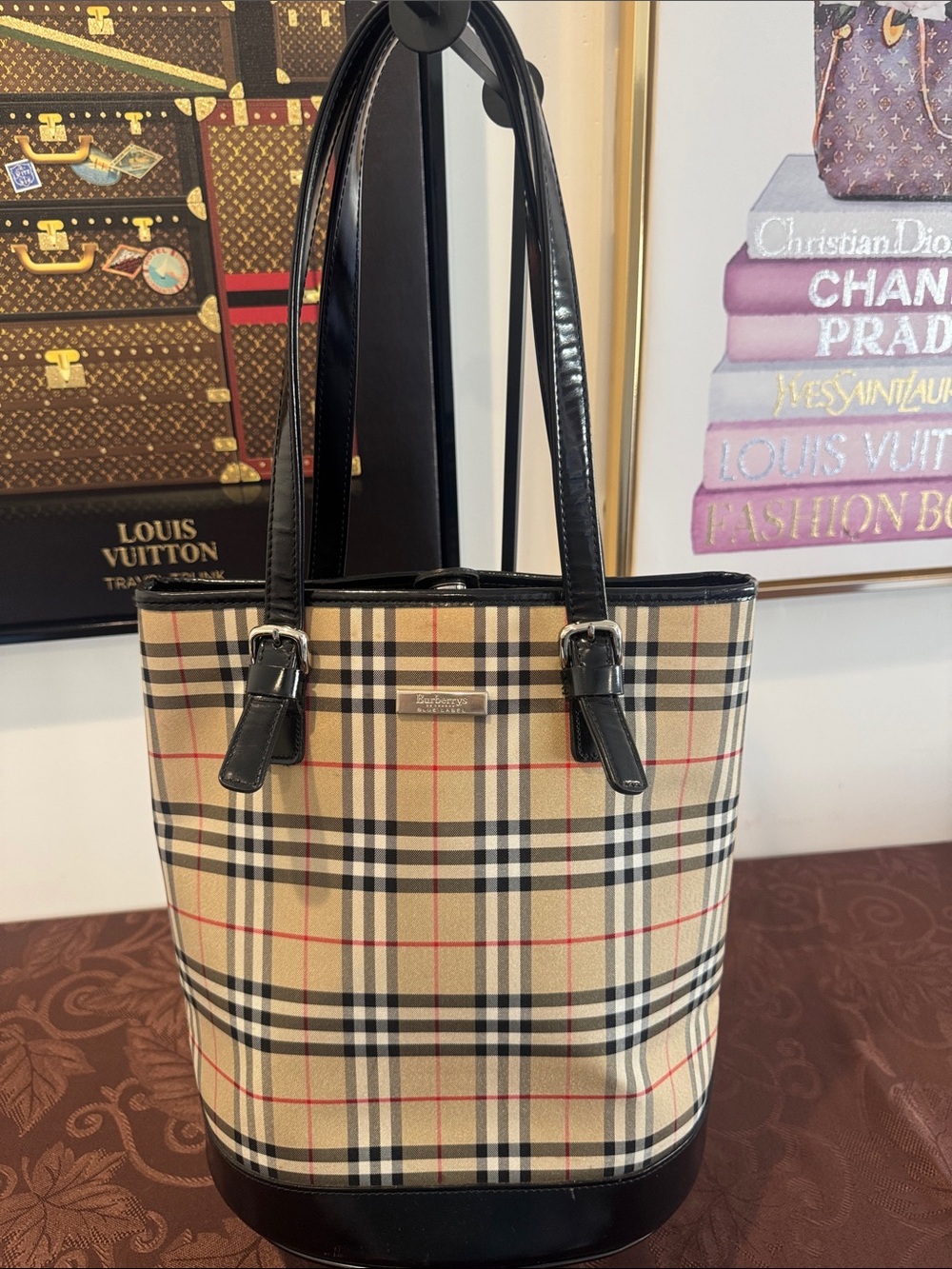 Burberry Blue Lable, Beige Plaid Canvas Bucket Tote with Black Leather Trim